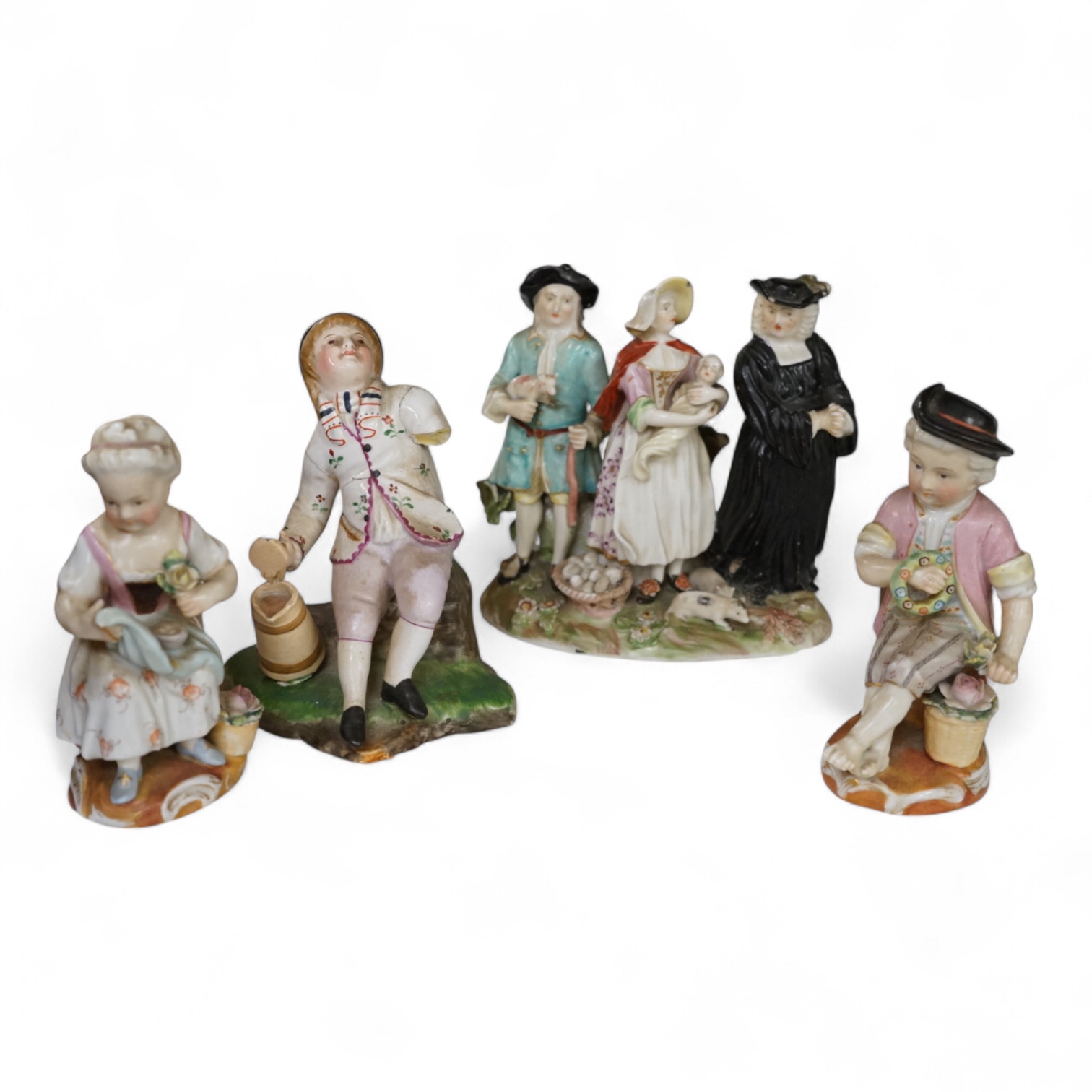 An 18th century English porcelain figure group, The Tithe Pig, and three other ceramic figures, Tithe Pig 12.5cm